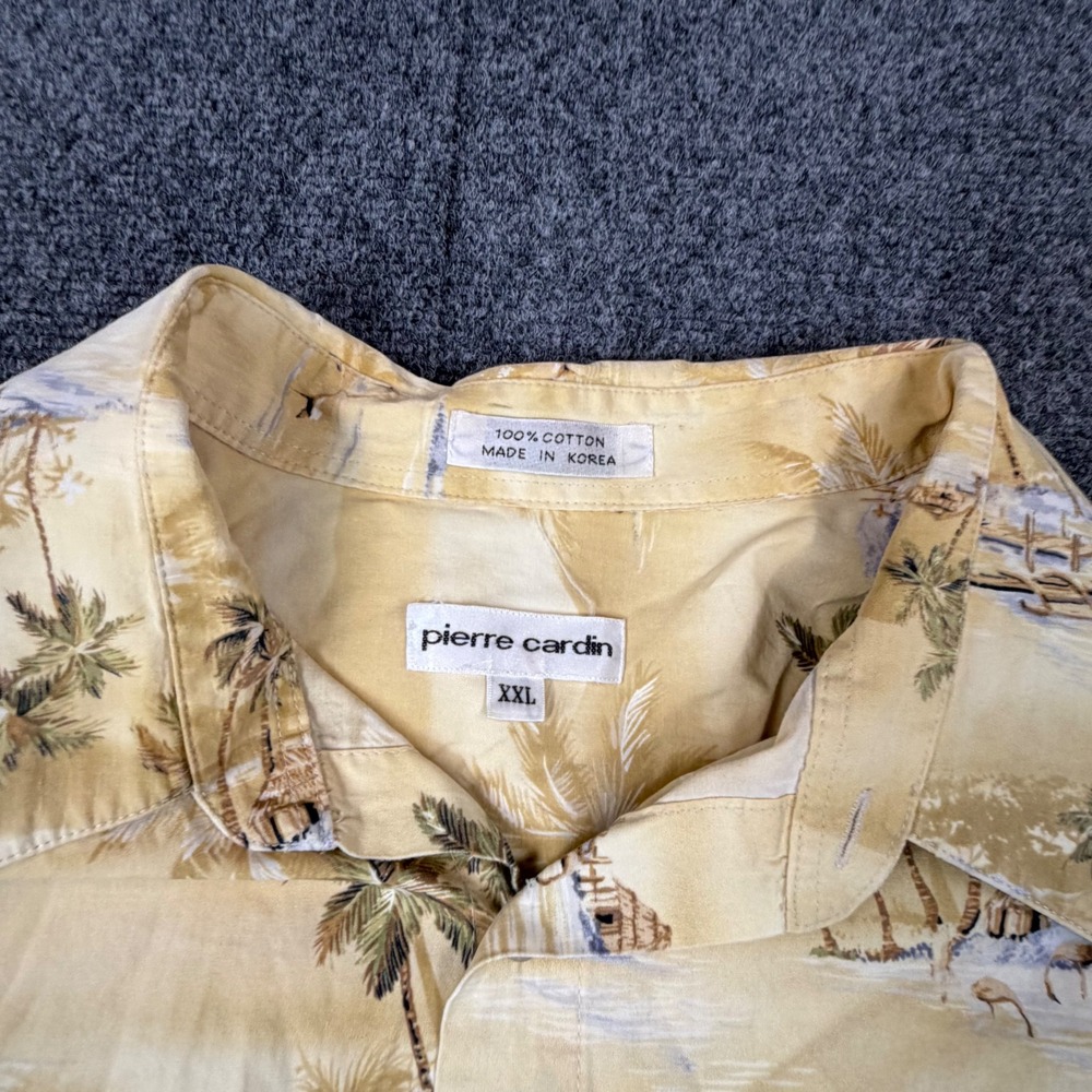 Pierre Cardin Mens XXL Yellow Tropical Palm Tree Island Cotton Camp Shirt SS - Picture 3 of 7